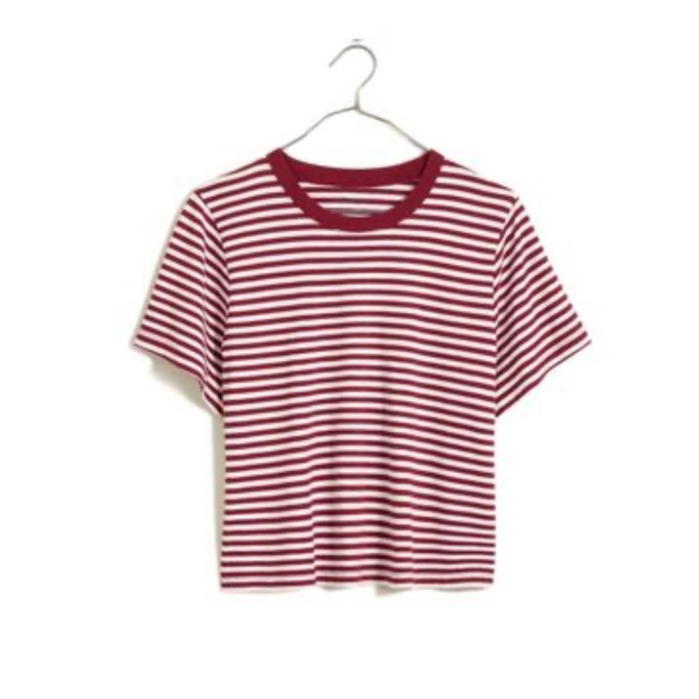 Madewell Softfade Cotton Boxy Crop T-Shirt in Mulberry Wine Stripe